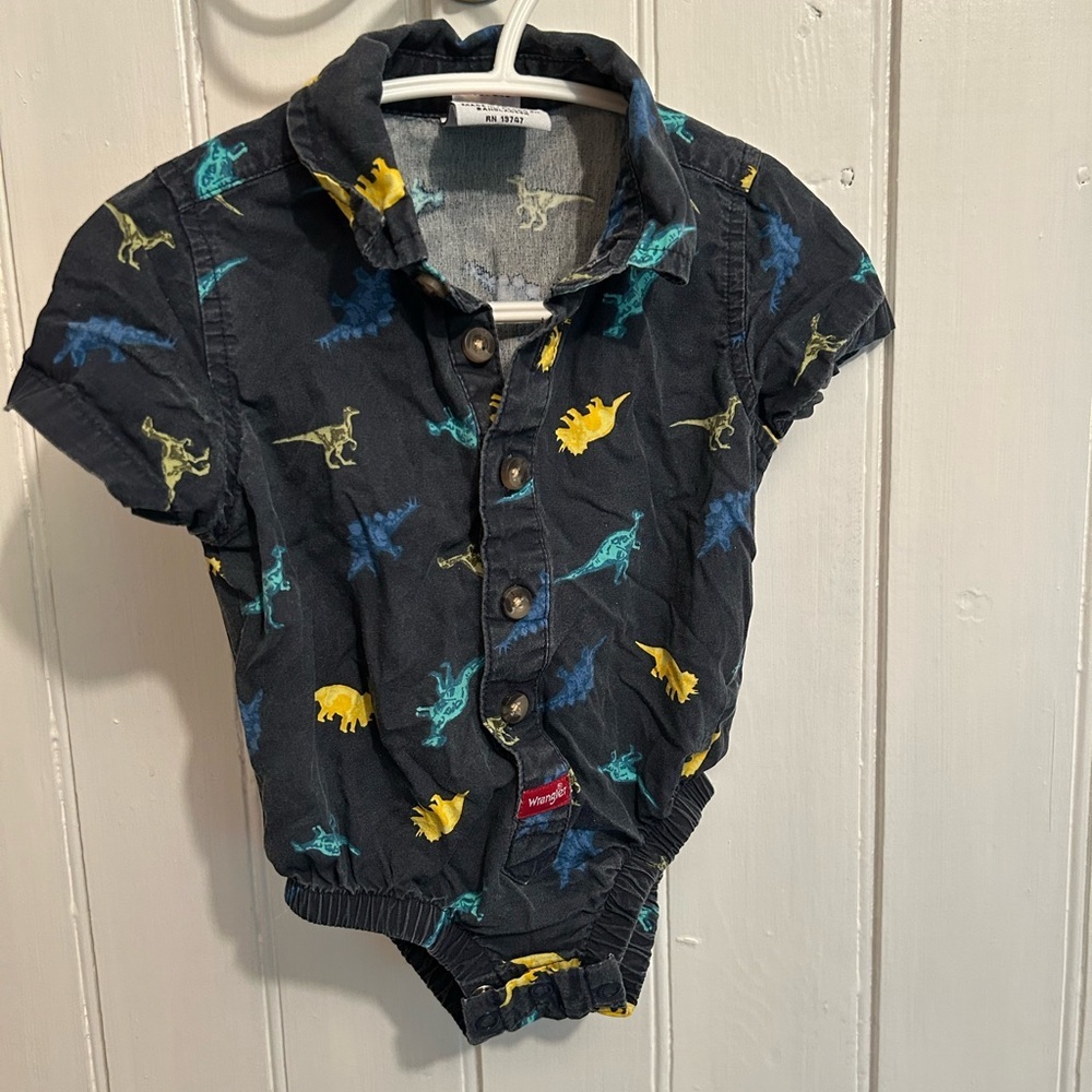 Wrangler 6m Blue and Yellow Dino button up short sleeve flannel Onesie